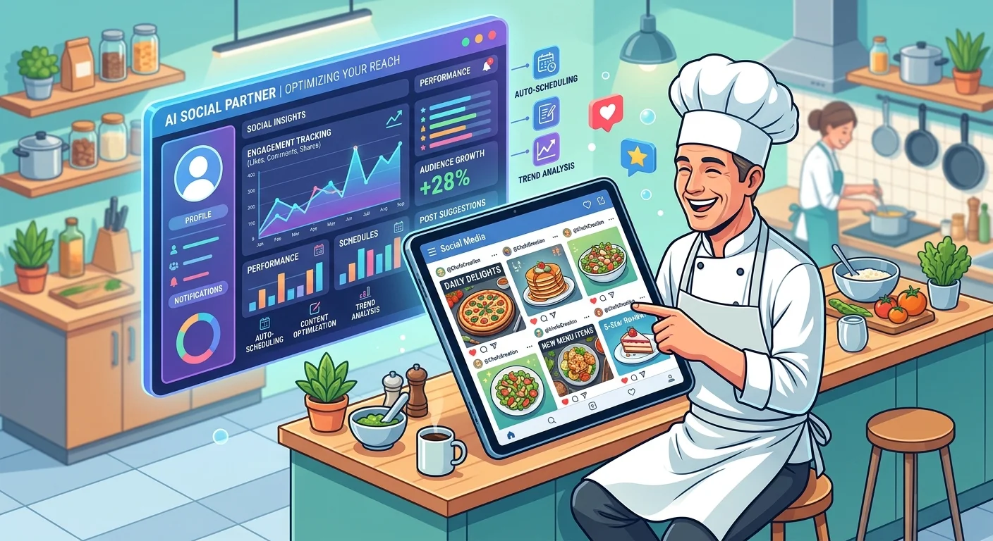 An AI content engine assisting a restaurant in generating engaging social media posts quickly.