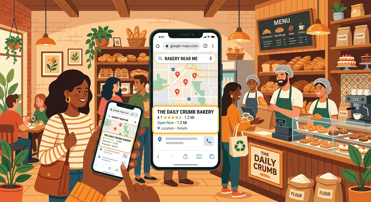 Customers finding a local bakery through a 'near me' search.