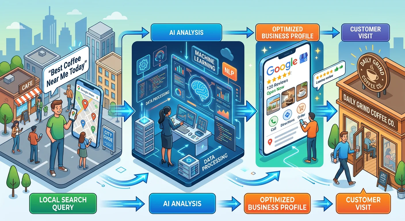 The journey of a local search query through AI optimization to a customer visit.