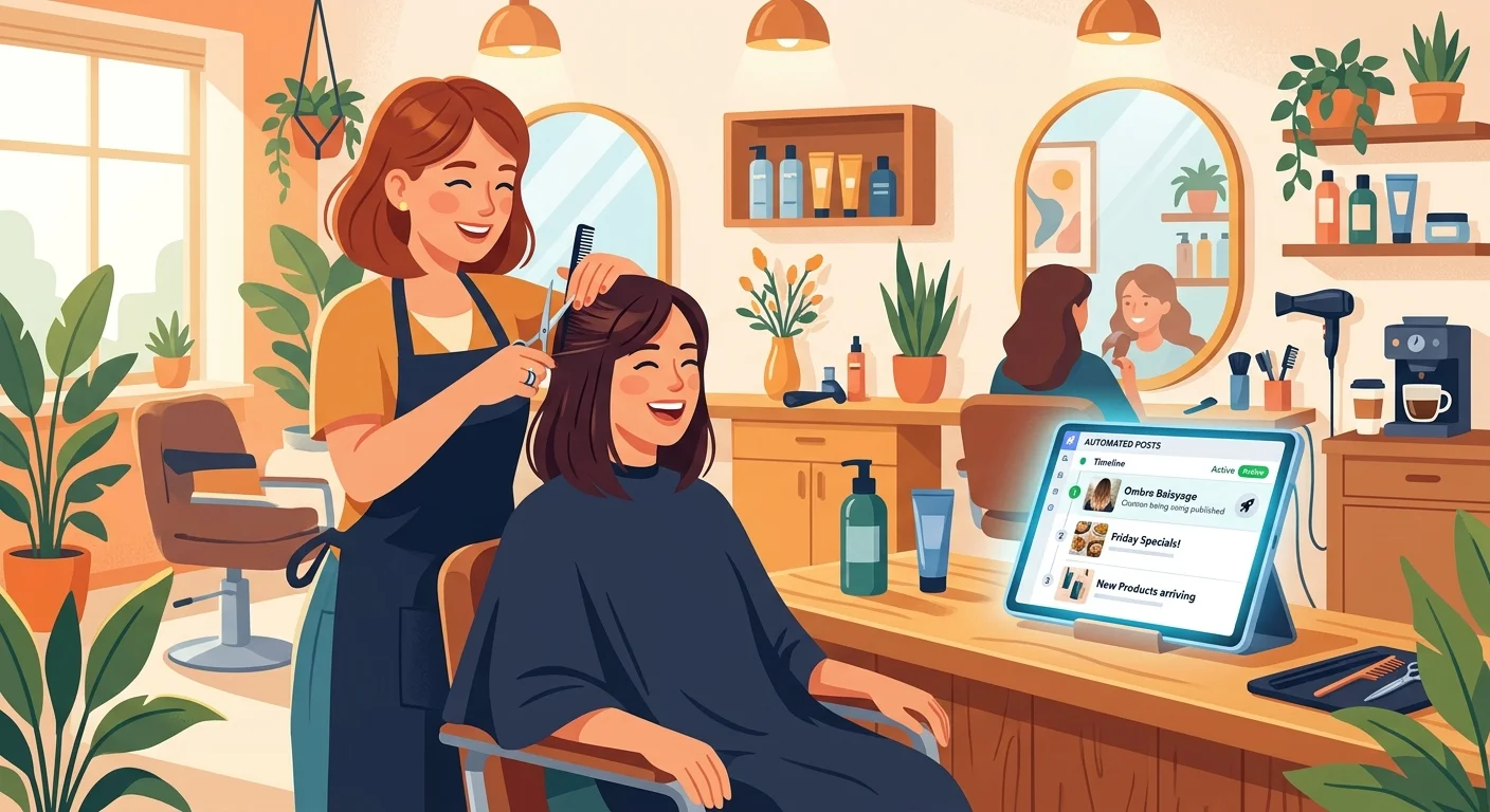 A salon owner focusing on clients while AI handles social media tasks.